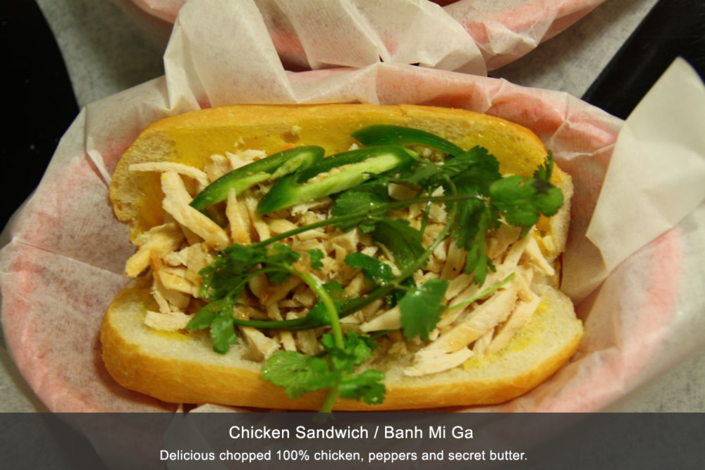 Nhu Lan Vietnamese Sandwich, Chicken Sandwich / Banh Mi Ga, Delicious chopped 100% chicken, peppers and secret butter. Nhu Lan Vietnamese Sandwich, Chicken Sandwich / Banh Mi Ga, Delicious chopped 100% chicken, peppers and secret butter.